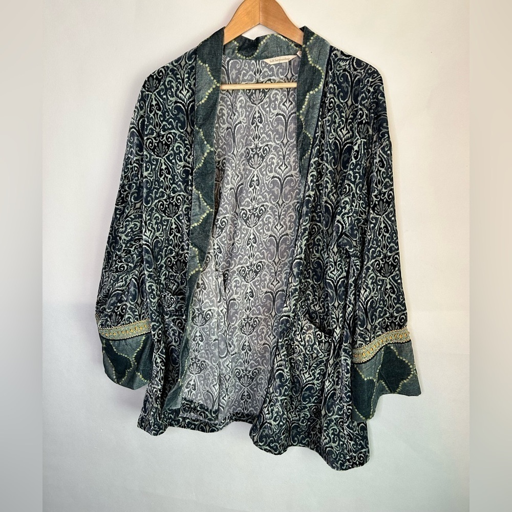 Soft Surroundings Open Jacket Womens Large Blue Brocade Velour Cardigan w Trim